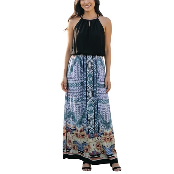 AS U WISH Maxi Dress XL Black Halter Patchwork Boho Eclectic Statement Resort - Picture 1 of 11